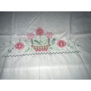 Vintage White Hand Embroidered Linen Pillowcase Pillow Case Floral Basket Design